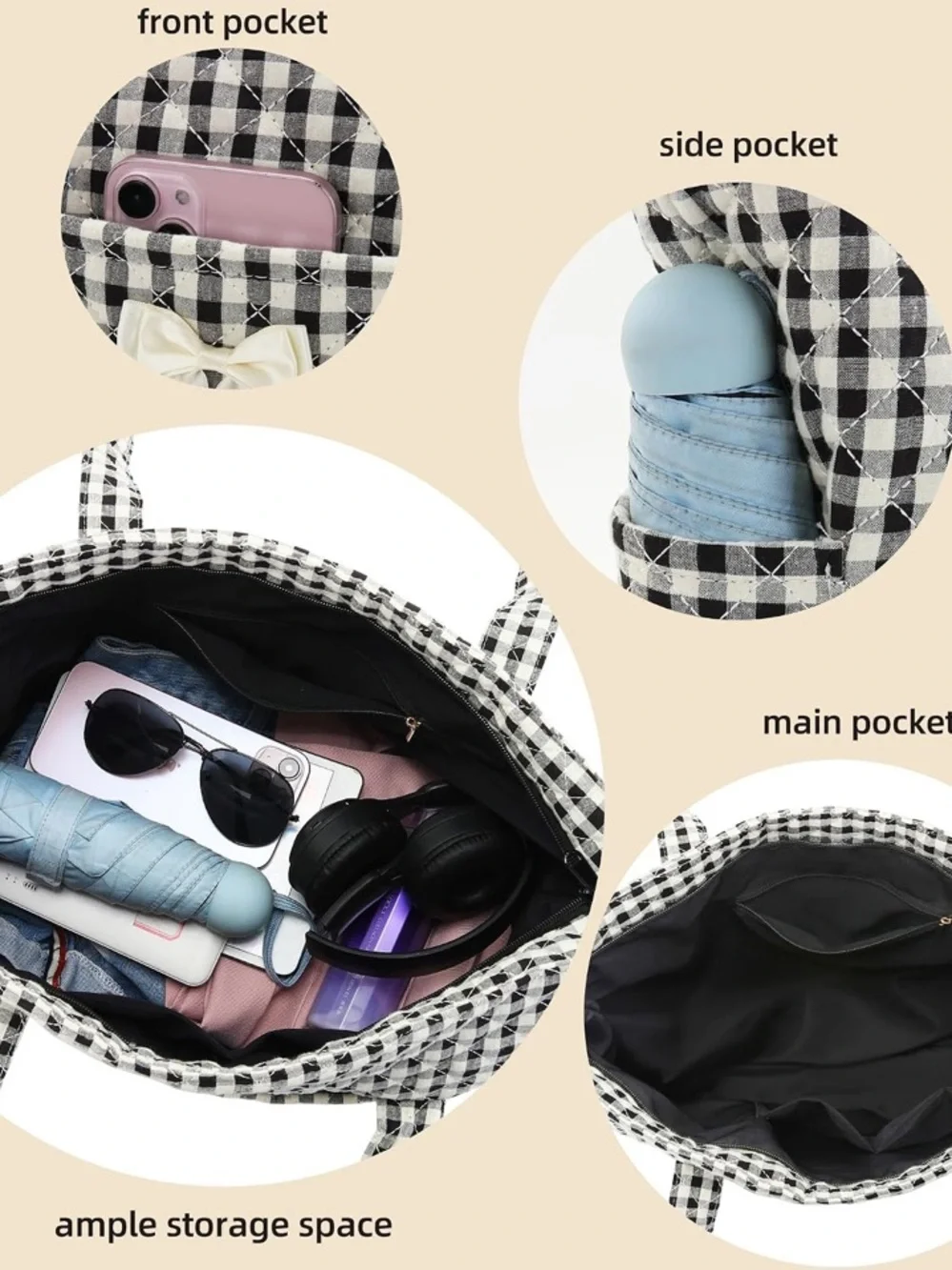 MOLLY MOON NWT gingham Quilted Tote Bag -black/white